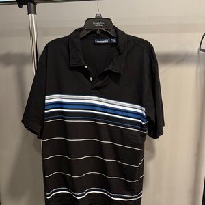 Aeropostale Men's Black Polo with Blue and White Stripes